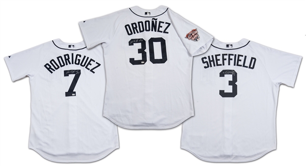 Lot of (3) Detroit Tigers Game Issued and Signed Home Jerseys (Maglio Ordonez, Ivan Rodriguez, Gary Sheffield) (MLB)